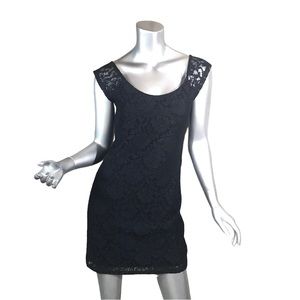 Nollie Dress Womens Small Black Floral Lace Overlay Stretch Strappy Back Bodycon